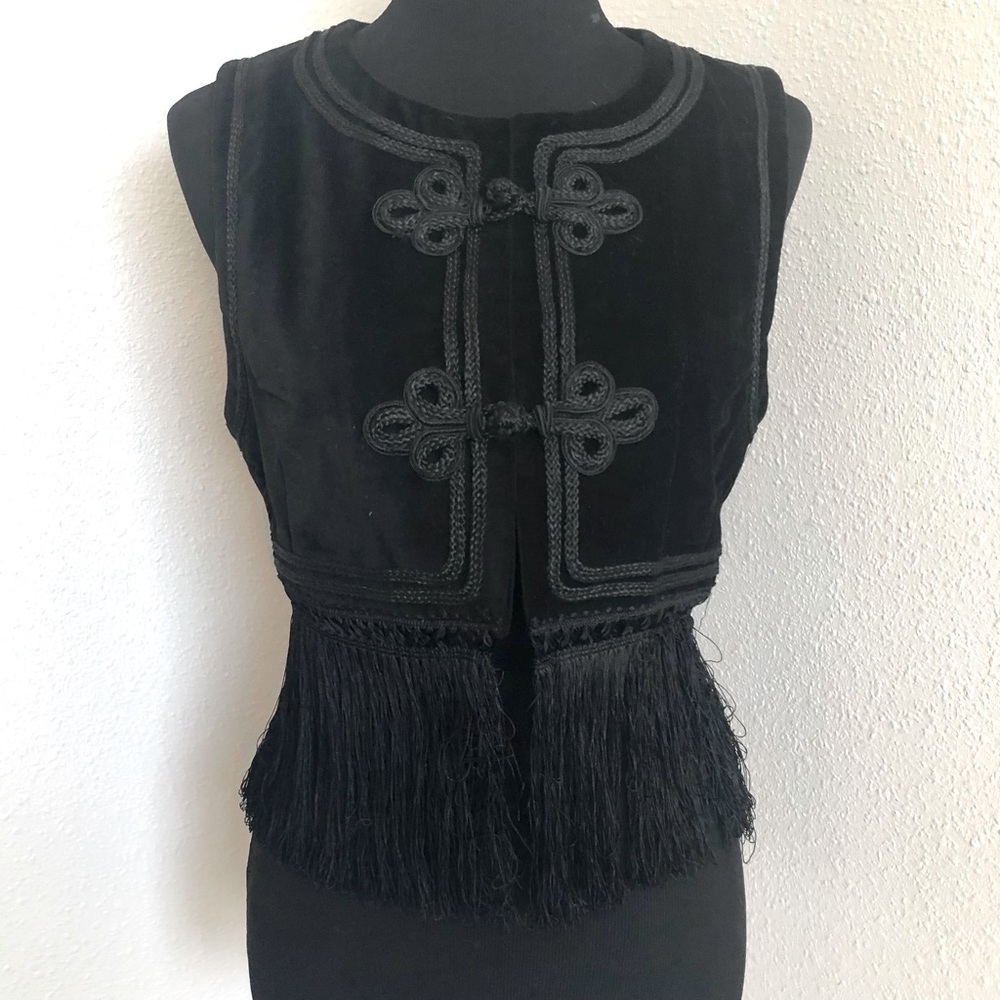 Black Velvet Cropped Vest, Decorative Braiding & Fringe, Size 6/8